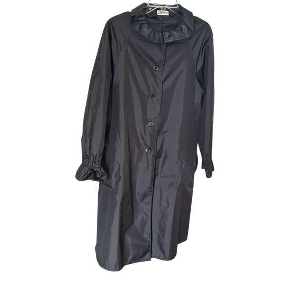 VTG The Tote's Coat Women's Raincoat Sz 10 Black Long Ruffle Collar Elastic READ - Picture 3 of 9